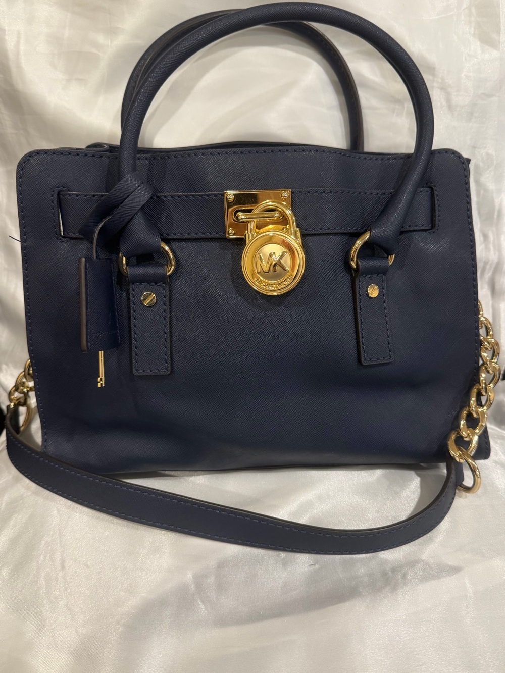 Michael Kors Navy Leather Satchel with Gold Hardware